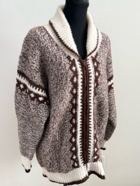 Vintage Hand Knit Lodge Sweater Nordic Zip Cardigan Oversized